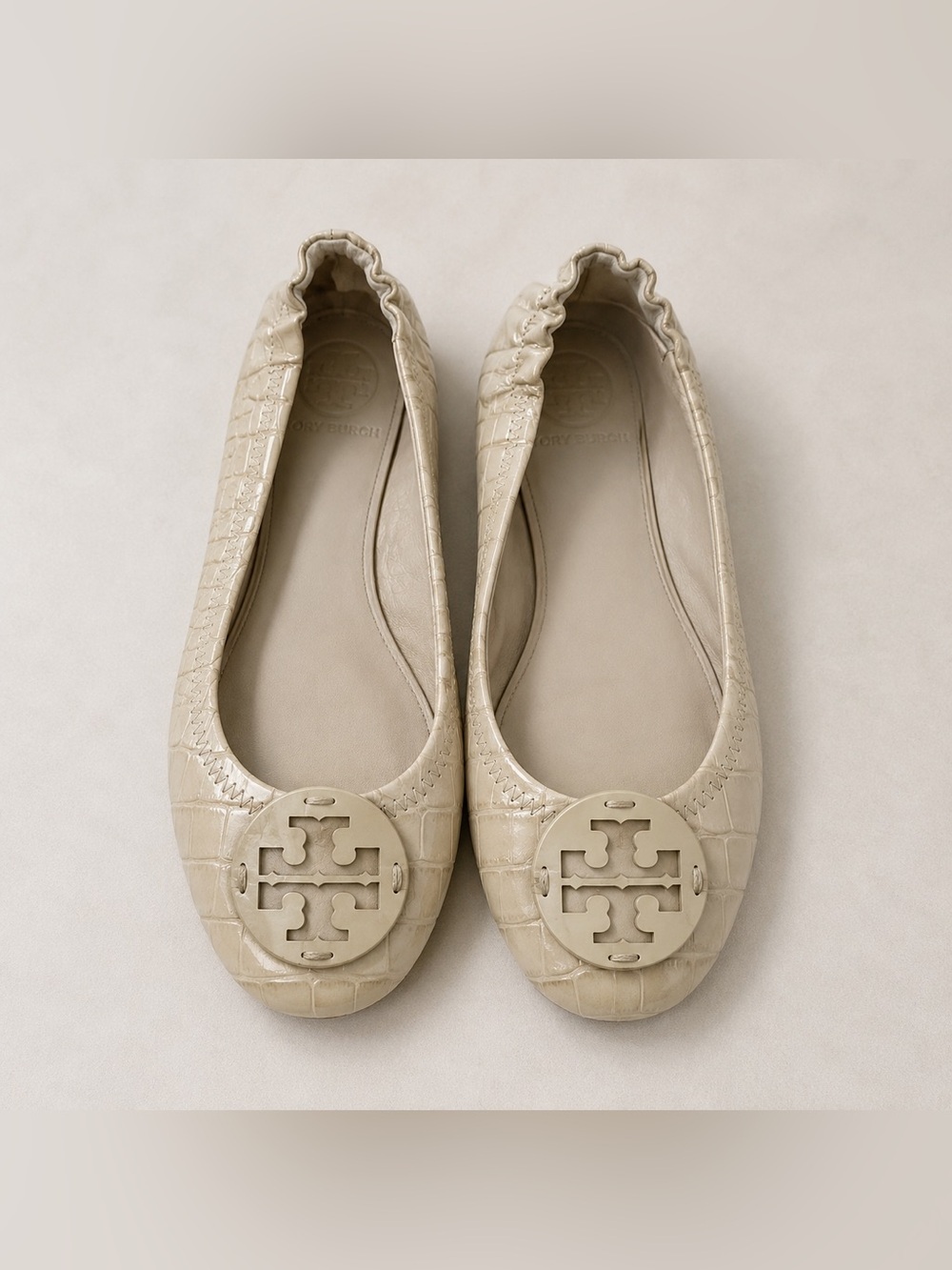 Tory Burch Reva Ballet Flats Cream Croc Embossed Leather Size 5M
